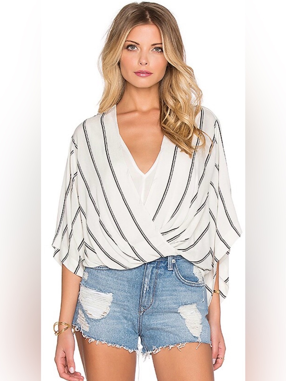 Free People “Sleepy Time” 100% Rayon Kimono Blouse in Pearl Combo